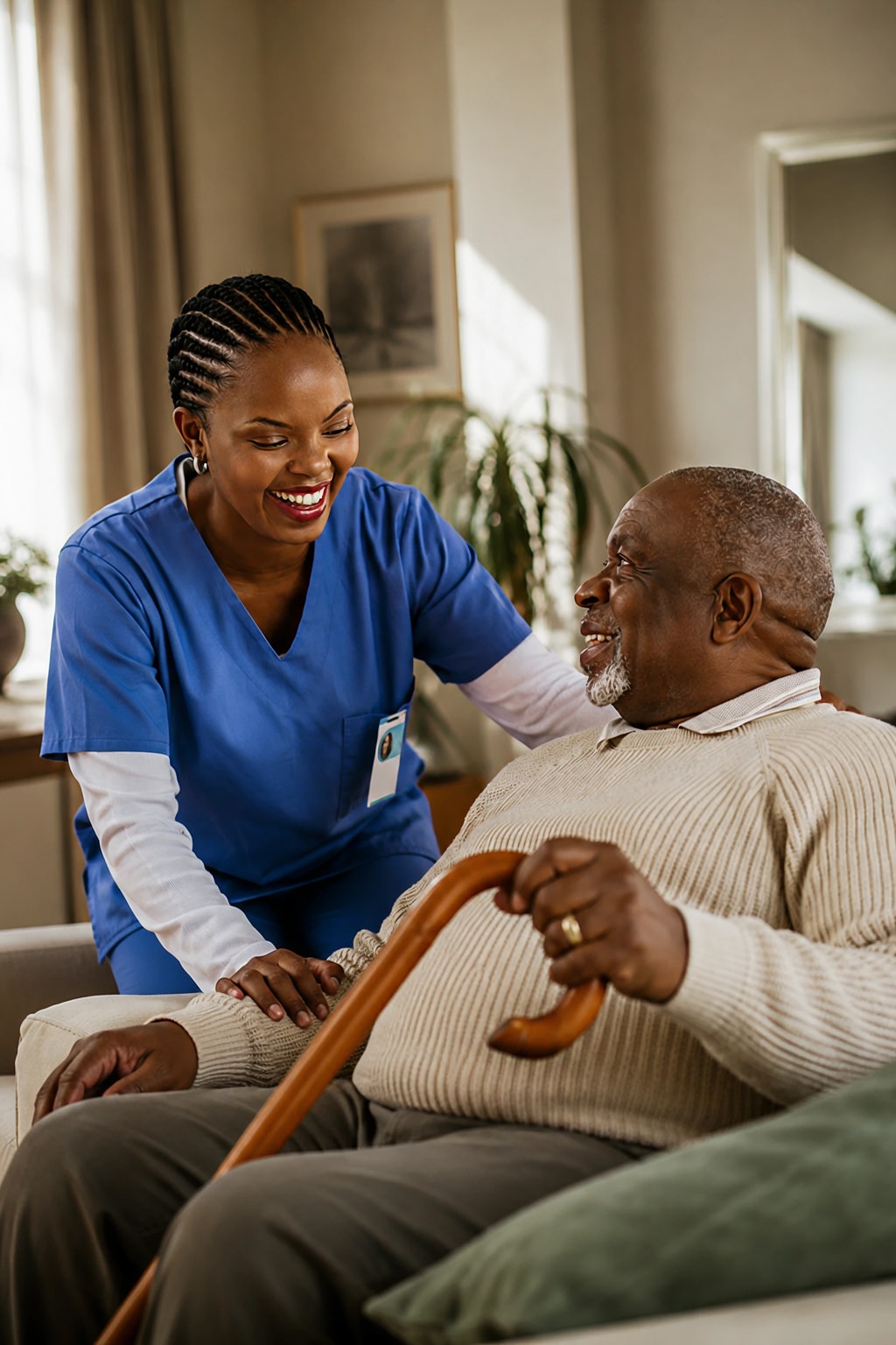 Home nurse cheerfully assisting senior man with cane at home