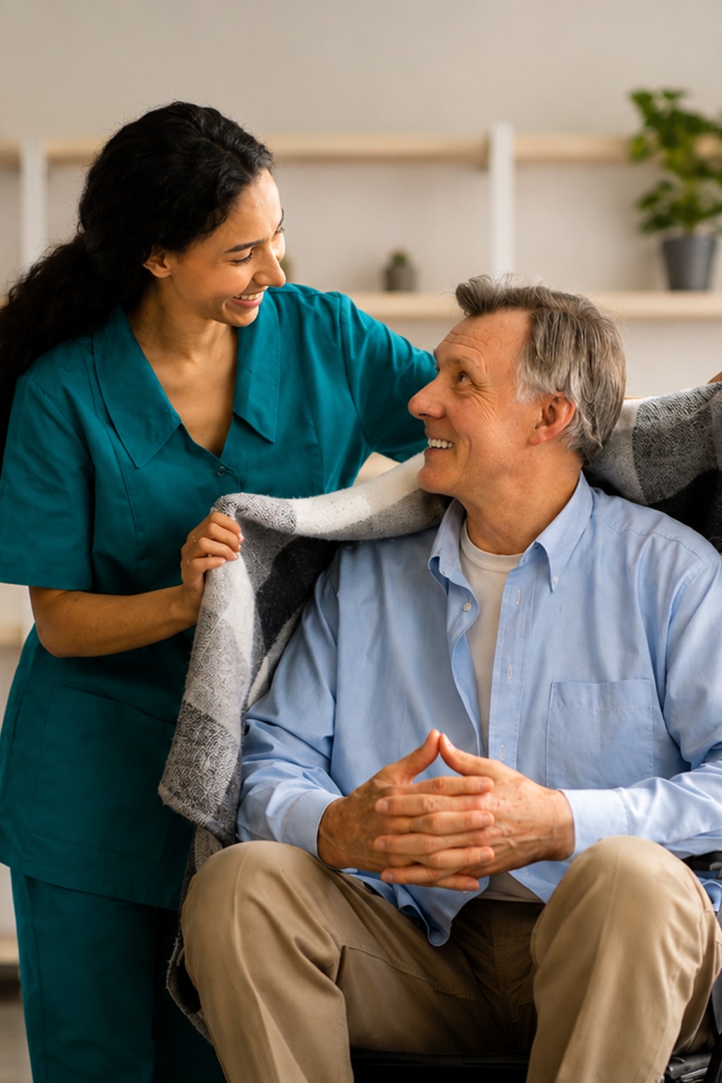 Home care services nurse covering senior man with blanket in wheelchair