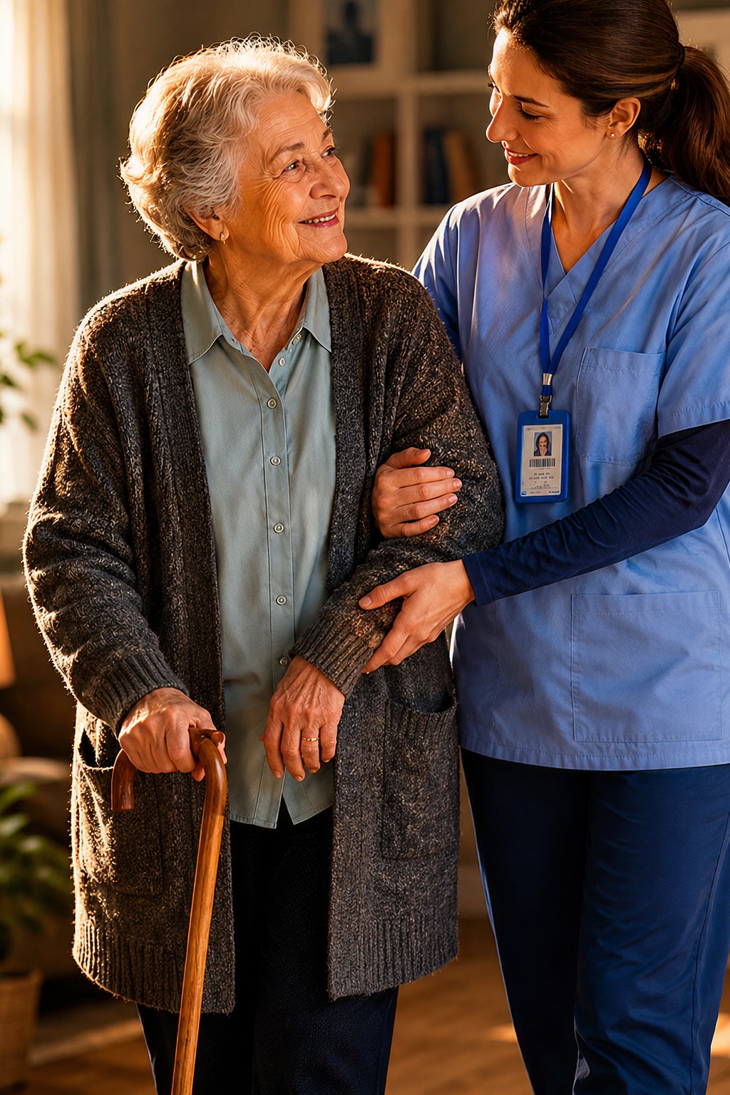 Home care services aide supporting elderly woman walking with cane indoors