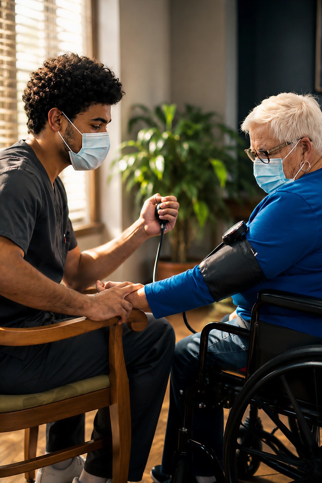 Home care nurse measuring blood pressure of elderly woman in wheelchair