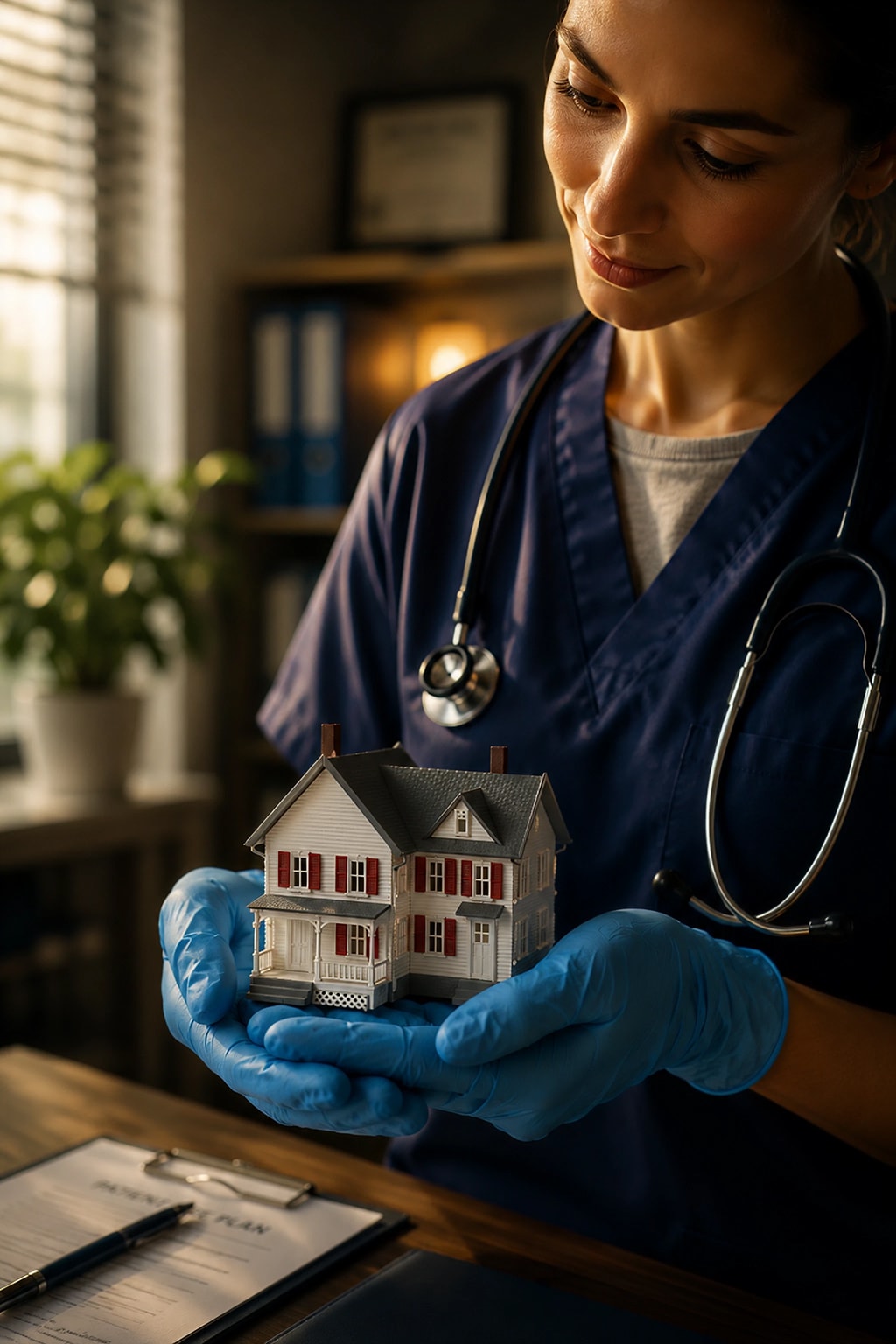 Home health care nurse holding house model symbolizing trusted home care services