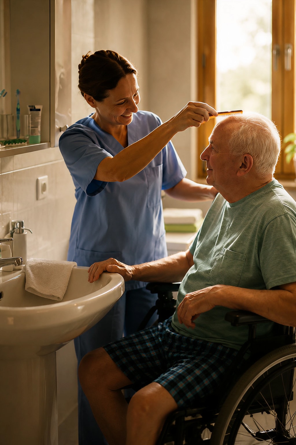 Home care services aide grooming senior man in wheelchair