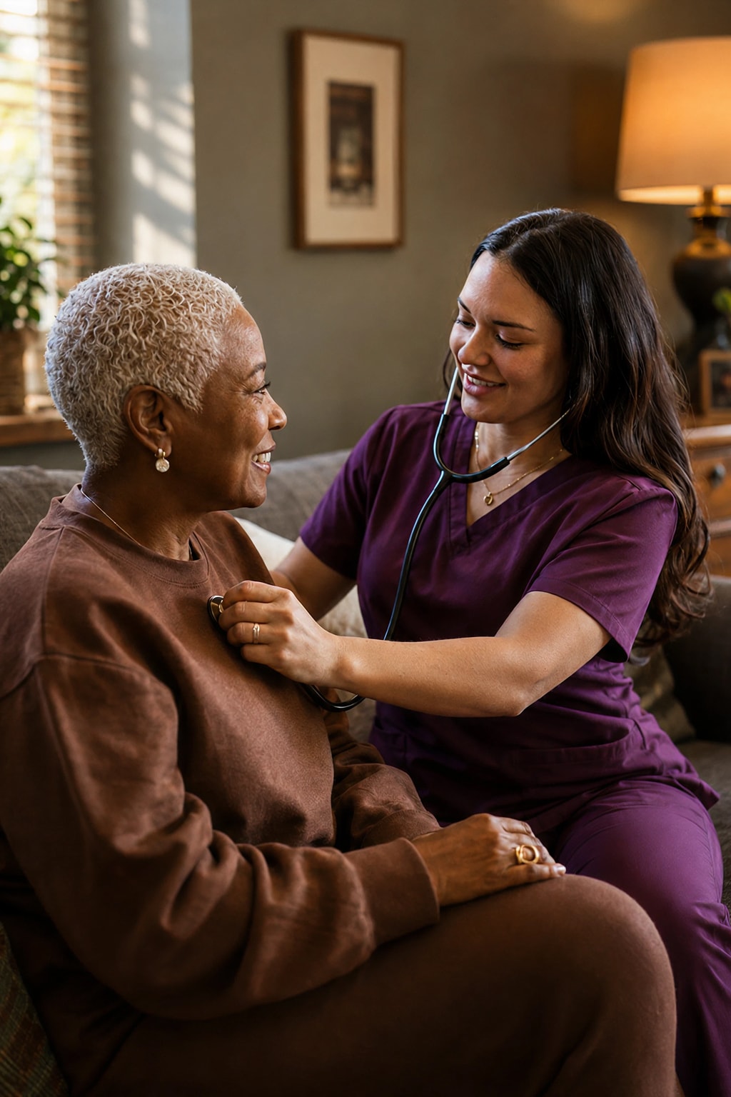 Home nurse using stethoscope with senior woman