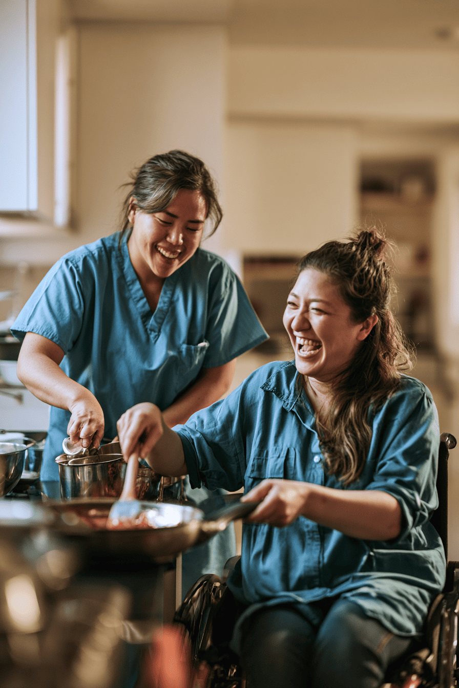 Caregiver assisting an adult with a disability at home