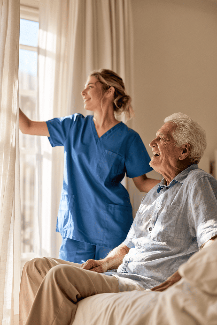Caregiver on shift supporting a senior at home