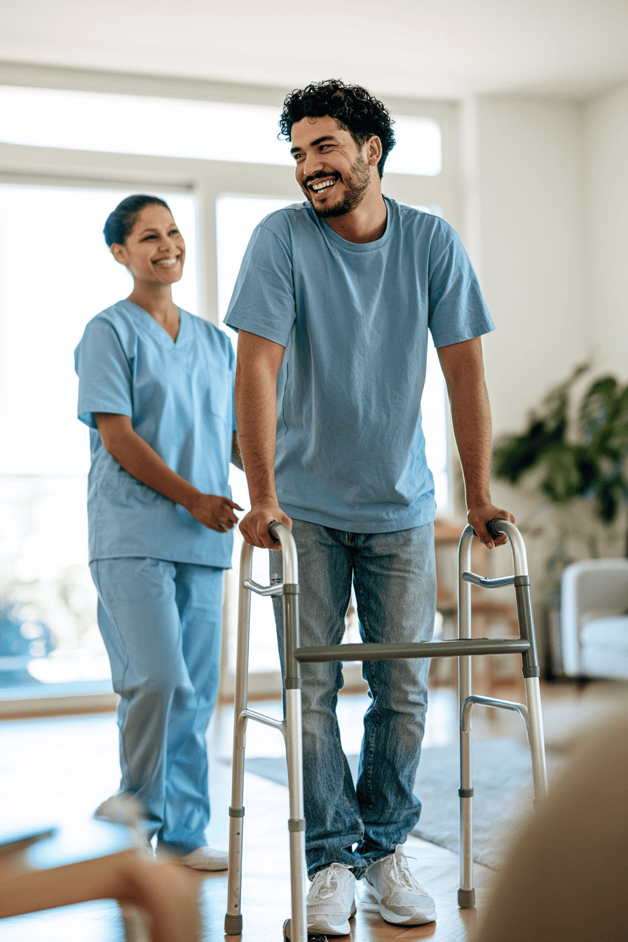 Adult wheelchair user with caregiver at home