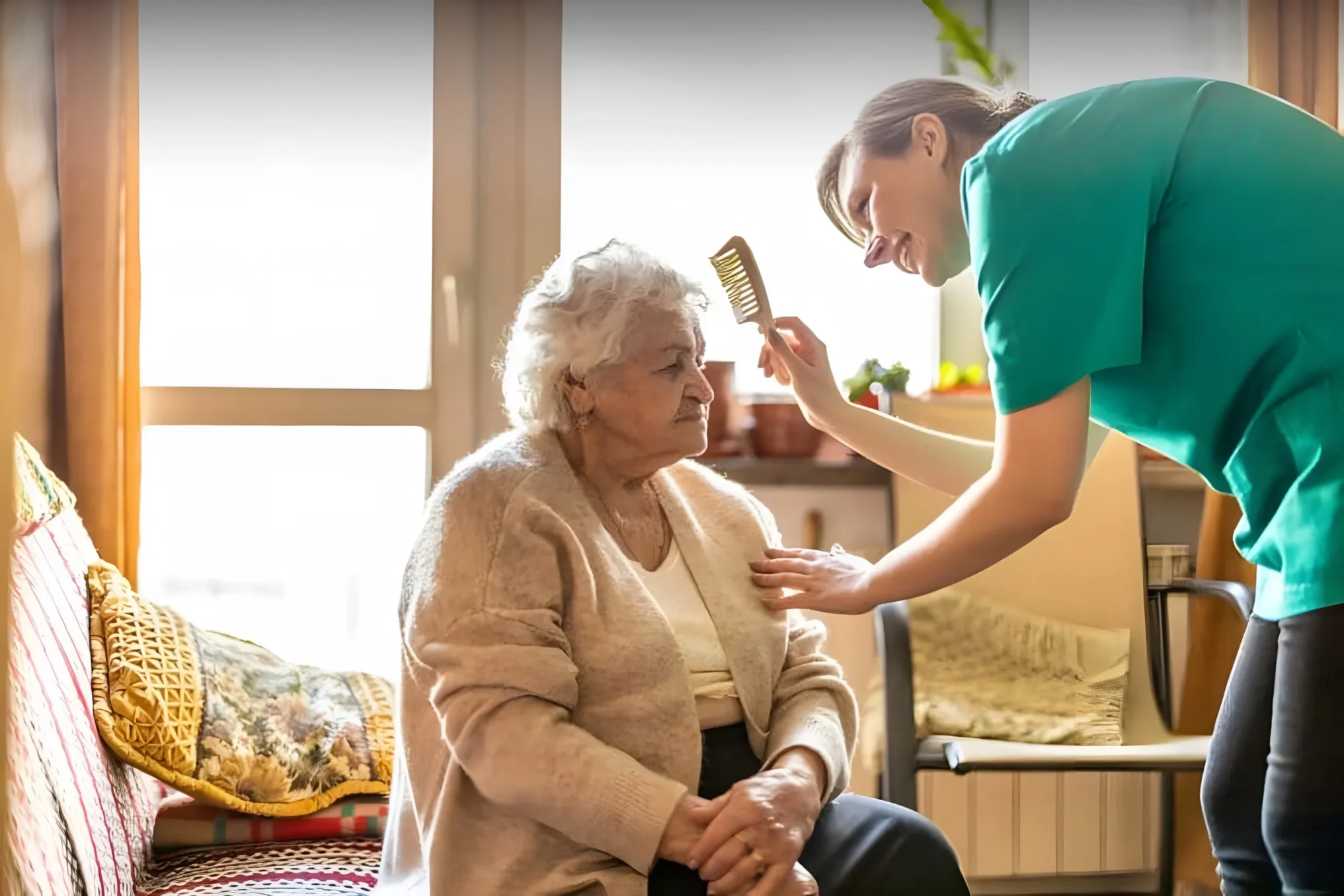 Caregiver assisting non-English speaking senior