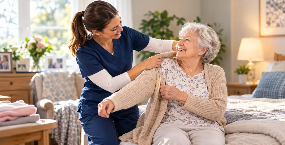 Caregiver sitting with an elderly client and holding her hands