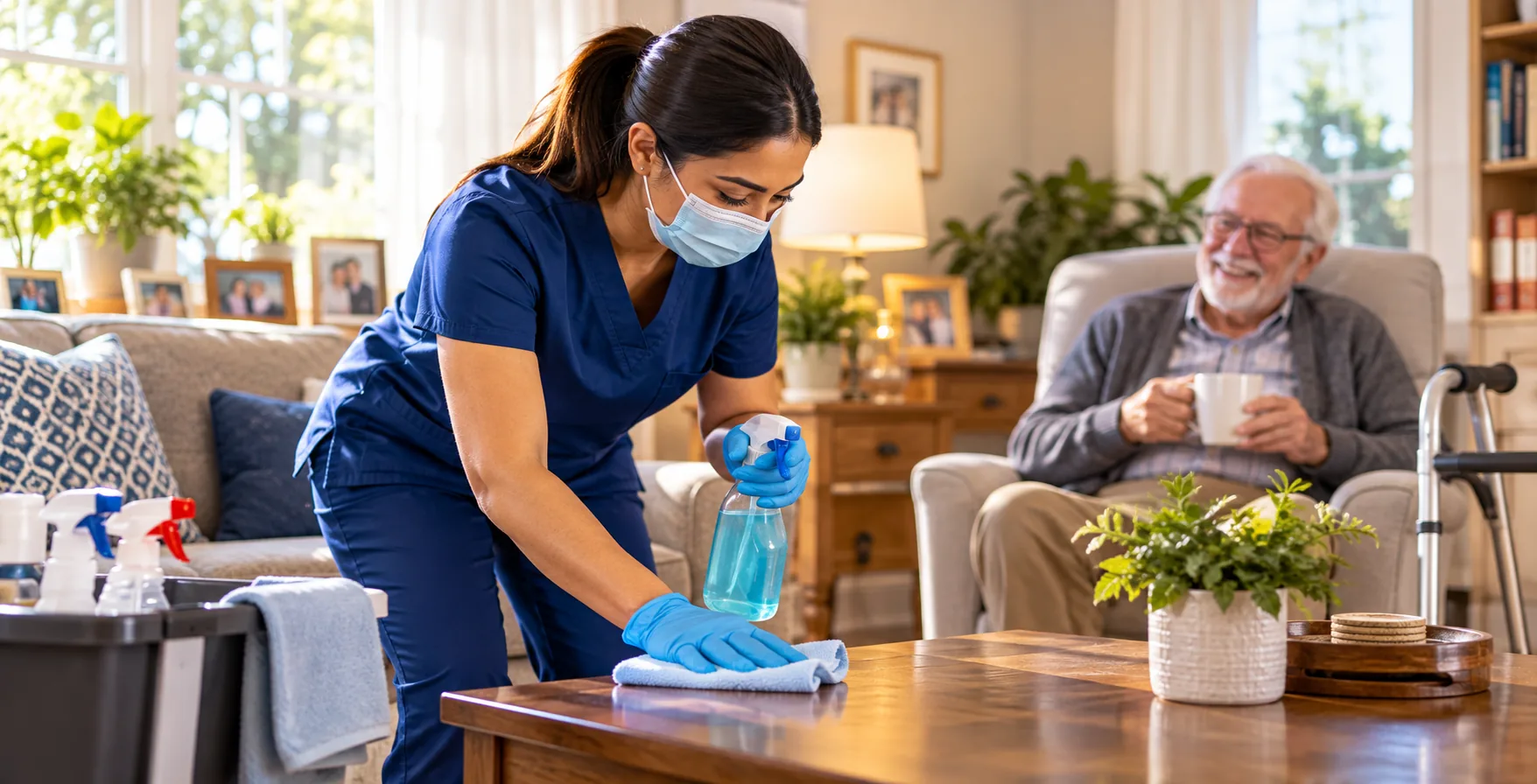 Caregiver cleaning the living room while a senior rests nearby